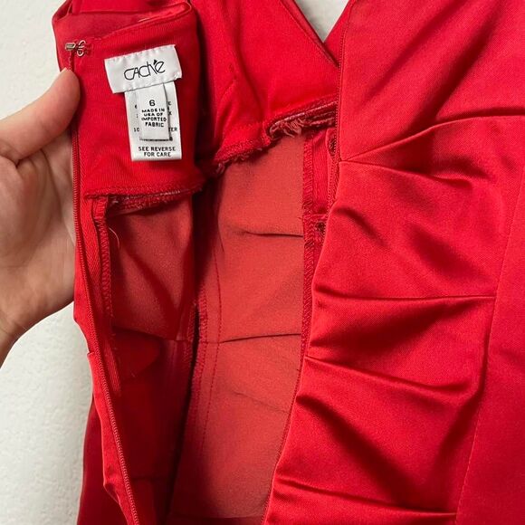 Cache Red Satin Sleeveless Bodycon Stretch Midi Party Dress Ruched Detail Size 6 - Picture 5 of 6